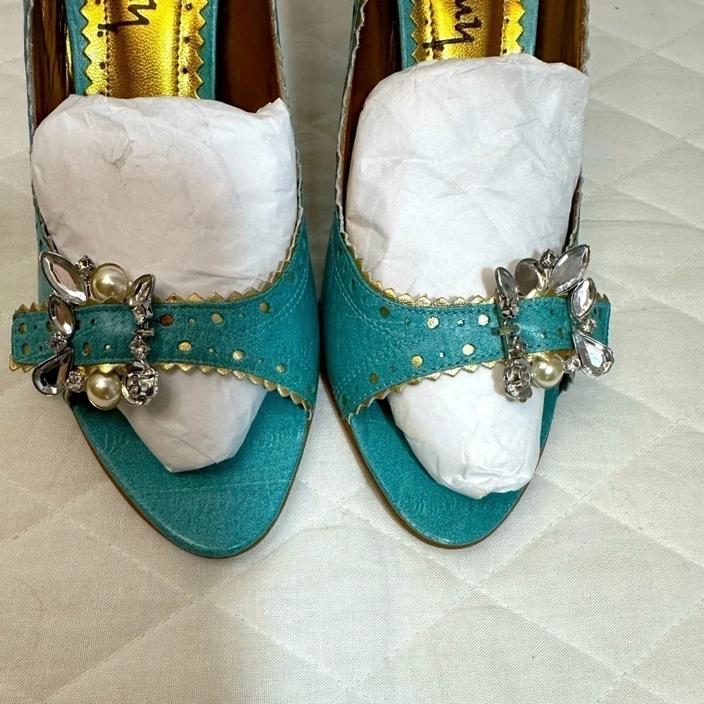 Lnicling Womens Size 6 High Heels Shoes Open Peep Toe Gold Trim Beaded Side Deco